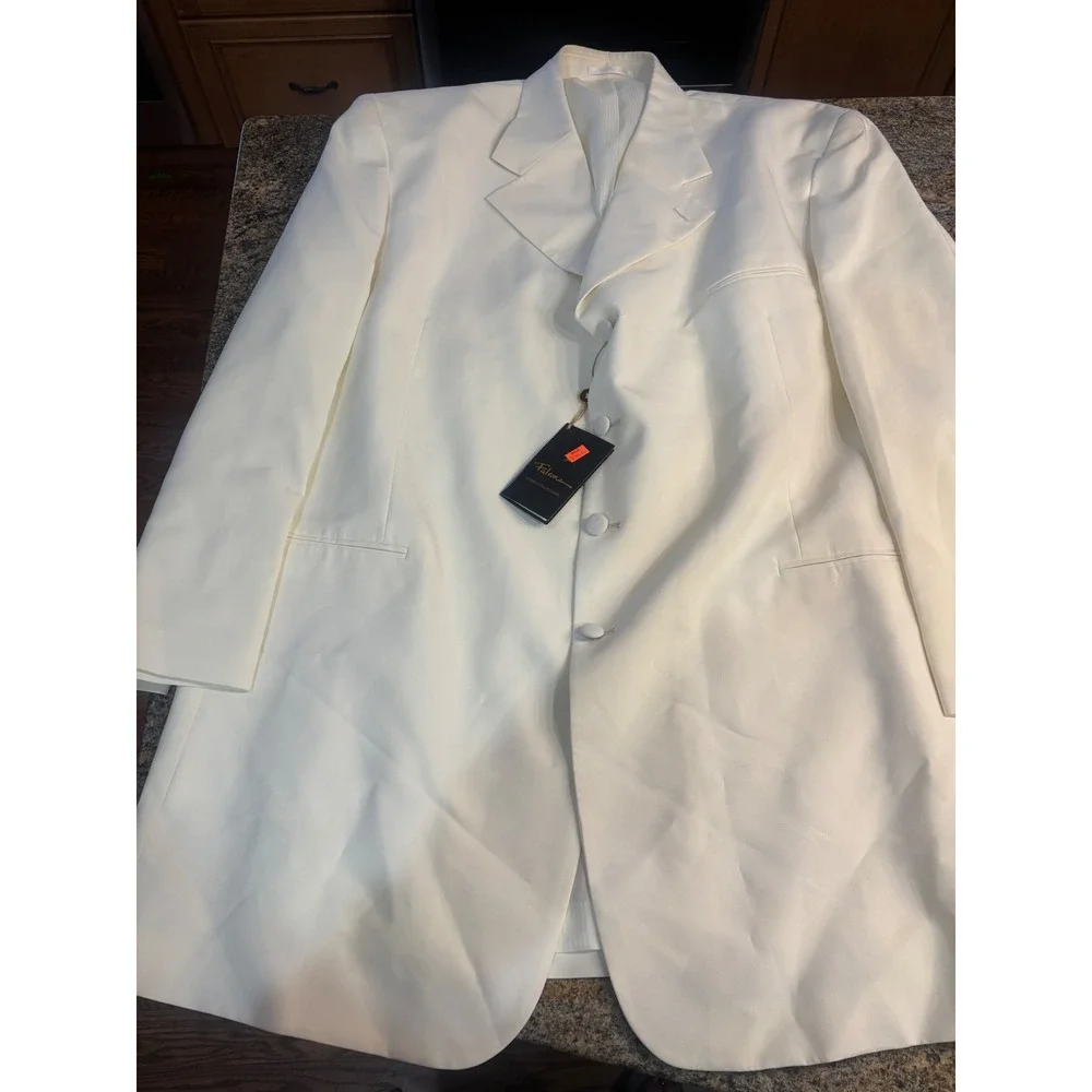 3 Piece Falcone Curtis Vested Suit 50L W45 Ivory‎ Polyester Formal Mens Raw Hem